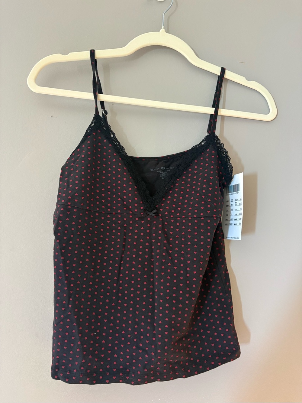 Brandy Melville BlackCamisole Tank with Red Heart Print and Lace Trim